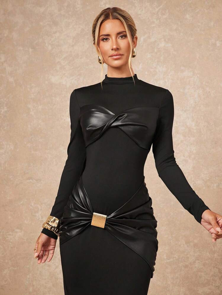 Lumalex Fall Winter Sequin Twist Patchwork Metal Decor Bodycon Stand Collar Dress For Women Luxury Prom Gathering Party Banquet Modest Old Money Coquette Glitter Holiday Party Rave Festival Outing Vacation Hot Outdoor Richly Layered Wedding Season Banquet ID Al-Adha Al-Adha Party New Year Champagne Evening Gown Gowns Glamorous Dress Women Dresses Champagne Luxury Clothes For Women Gold Outfits For Women Promdress Pearlescent Decor | SHEIN