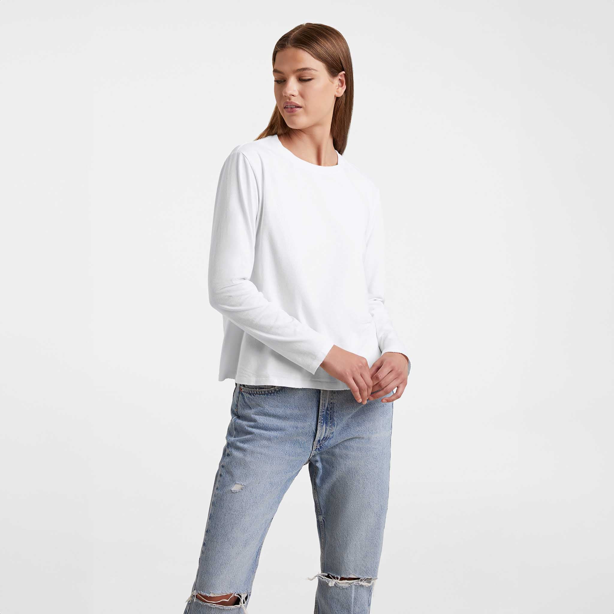 Vintage Cotton Long Sleeve Everyday T-Shirt | White | Nuuds US