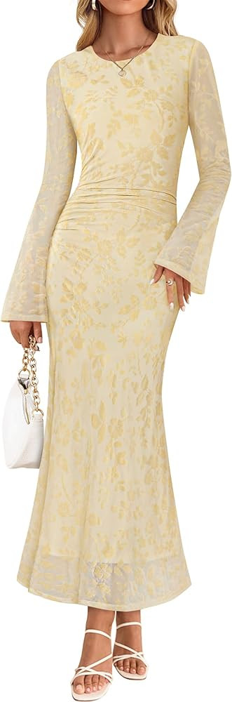ZESICA Women's Long Sleeve Floral Bodycon Dress 2026 Spring Fall Ruched Mesh Wedding Guest Cockta... | Amazon (US)