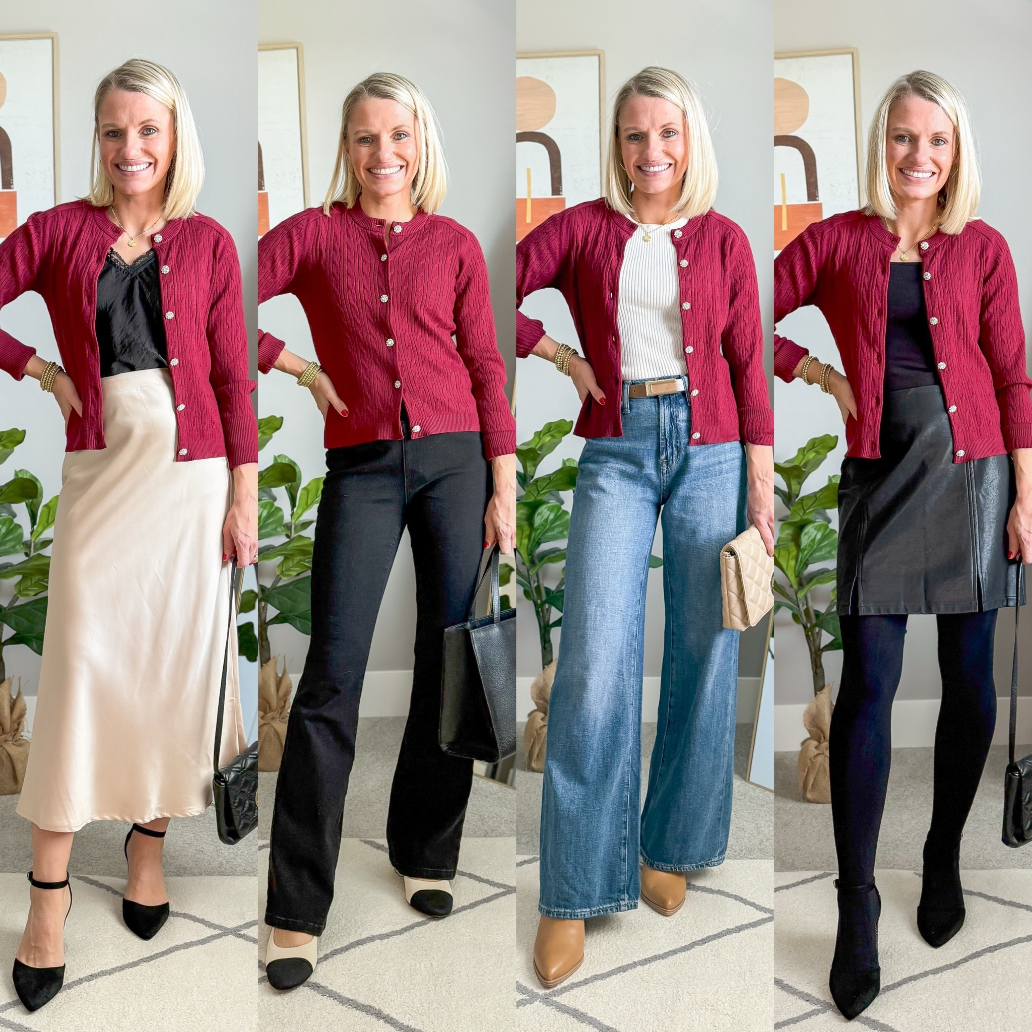 4 ways to wear a cranberry cardigan. Cardigan- xs || silk skirt- xs || black flares- xsmall || white shirt- small || wide-leg jeans- 25/short || black bodysuit- xsmall || faux leather skirt- small 

#LTKFindsUnder100 #LTKStyleTip #LTKHoliday