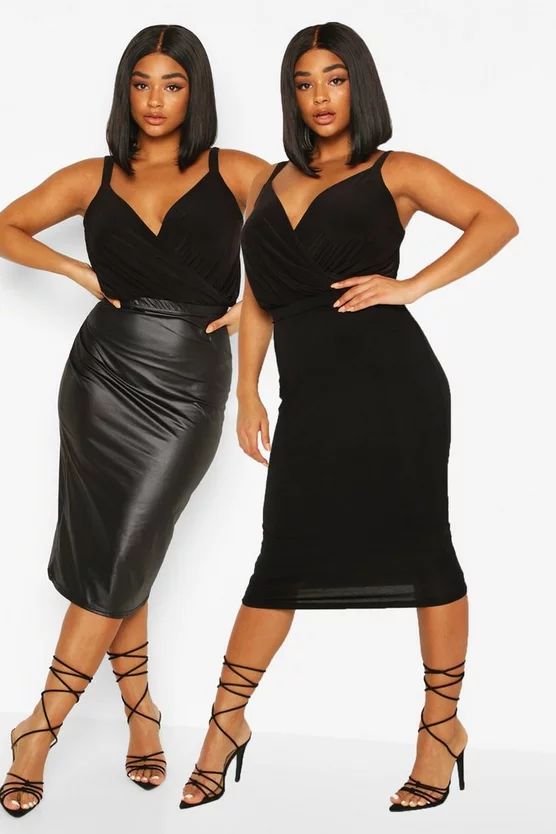 Plus 2 Pack Faux Leather And Jersey Midi Skirt | Boohoo.com (US & CA)