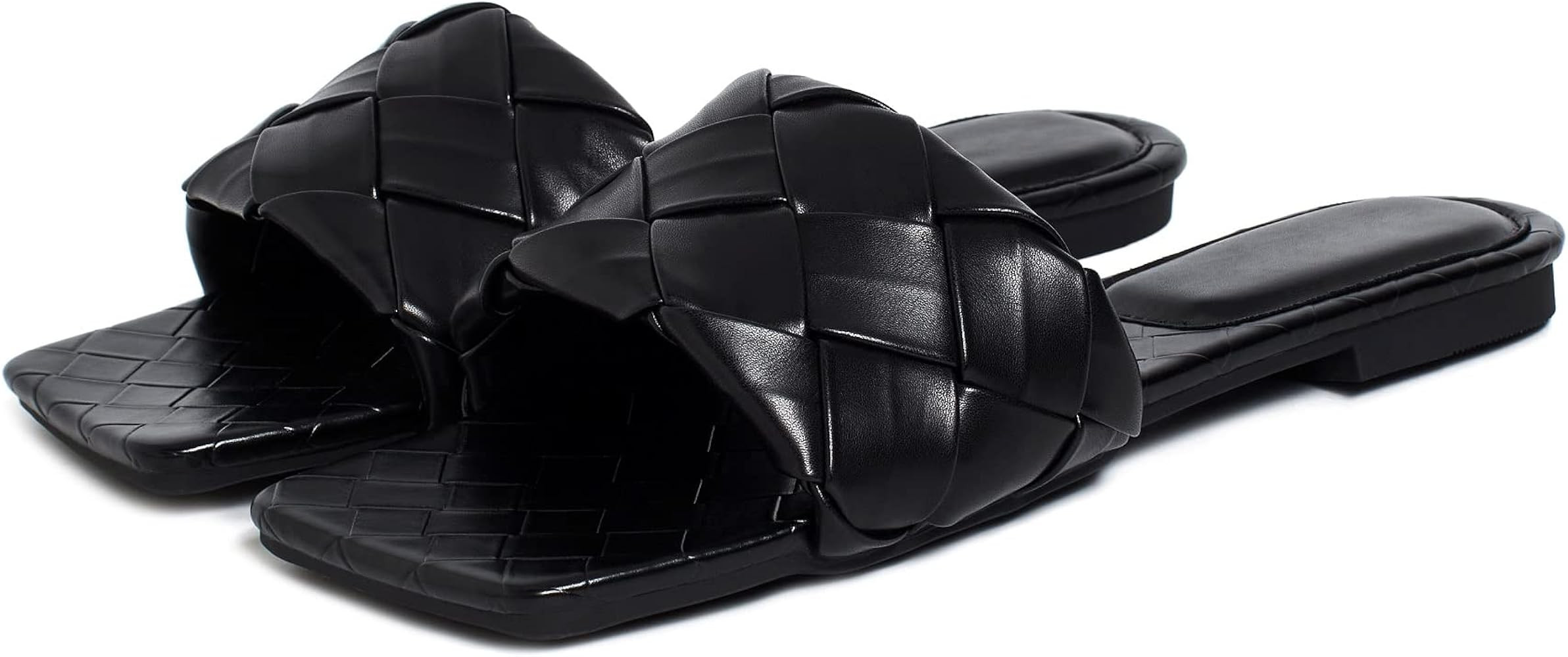Women's Braided Sandals Flat Square Open Toe Woven Leather Slip On Slides Cute Quilted Single Band S | Amazon (US)