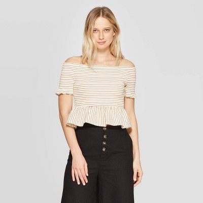 Women's Striped Short Ruffle Sleeve Off the Shoulder Smocked Peplum Top - Who What Wear™ | Target