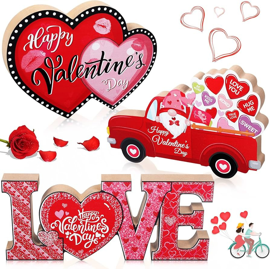 3 Pieces Valentine's Day Table Sign Decoration Valentines Wooden Tabletop Signs Love Heart Red Tr... | Amazon (US)