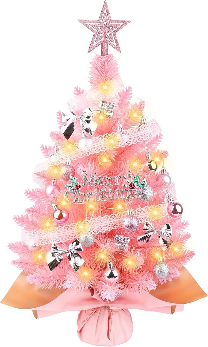 Small Pink Christmas Tree with Lights, 2ft Artificial Mini Tabletop Christmas Tree Decorations wi... | Amazon (US)