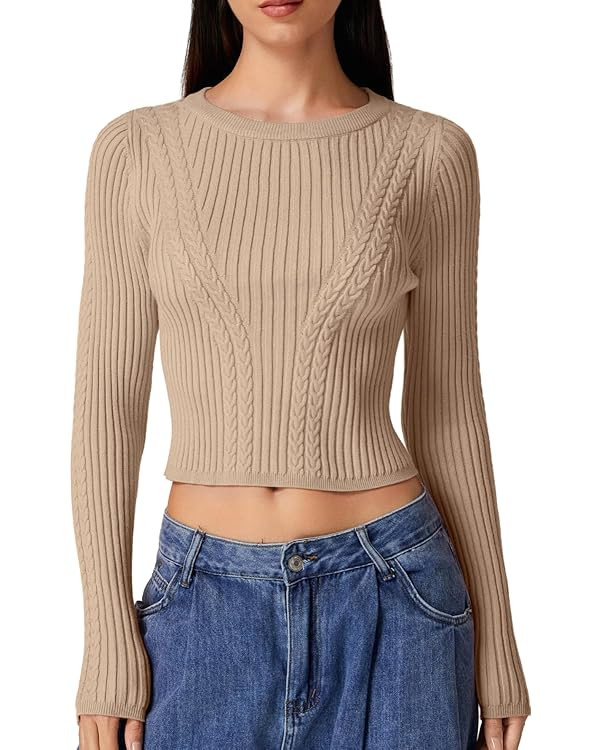 QINSEN Womens Cable Knit Crewneck Sweaters Ribbed Hem Slim Fit Long Sleeve Pullover Crop Tops | Amazon (US)