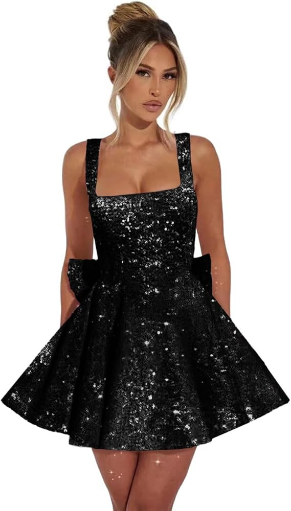 LORIE Sparkly Short Homecoming Dresses with Bow Square Neck A-Line HOCO Dress 2025 Cocktail Party... | Amazon (US)