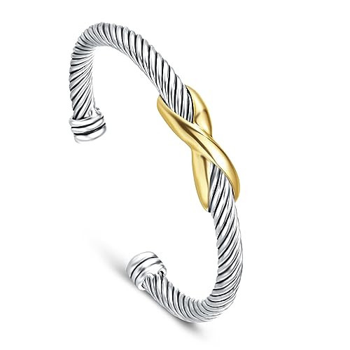 UNY Jewelry Bracelet Two Tone Criss Cross X Shape Infinity Twisted Cable Bangle Designer Inspired Women Jewelry (Single 2 Tone) | Amazon (US)