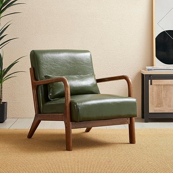 glitzhome Mid Century Hunter Green Accent Armchair, Single Reading Armchair PU Leather Lounge Cha... | Amazon (US)