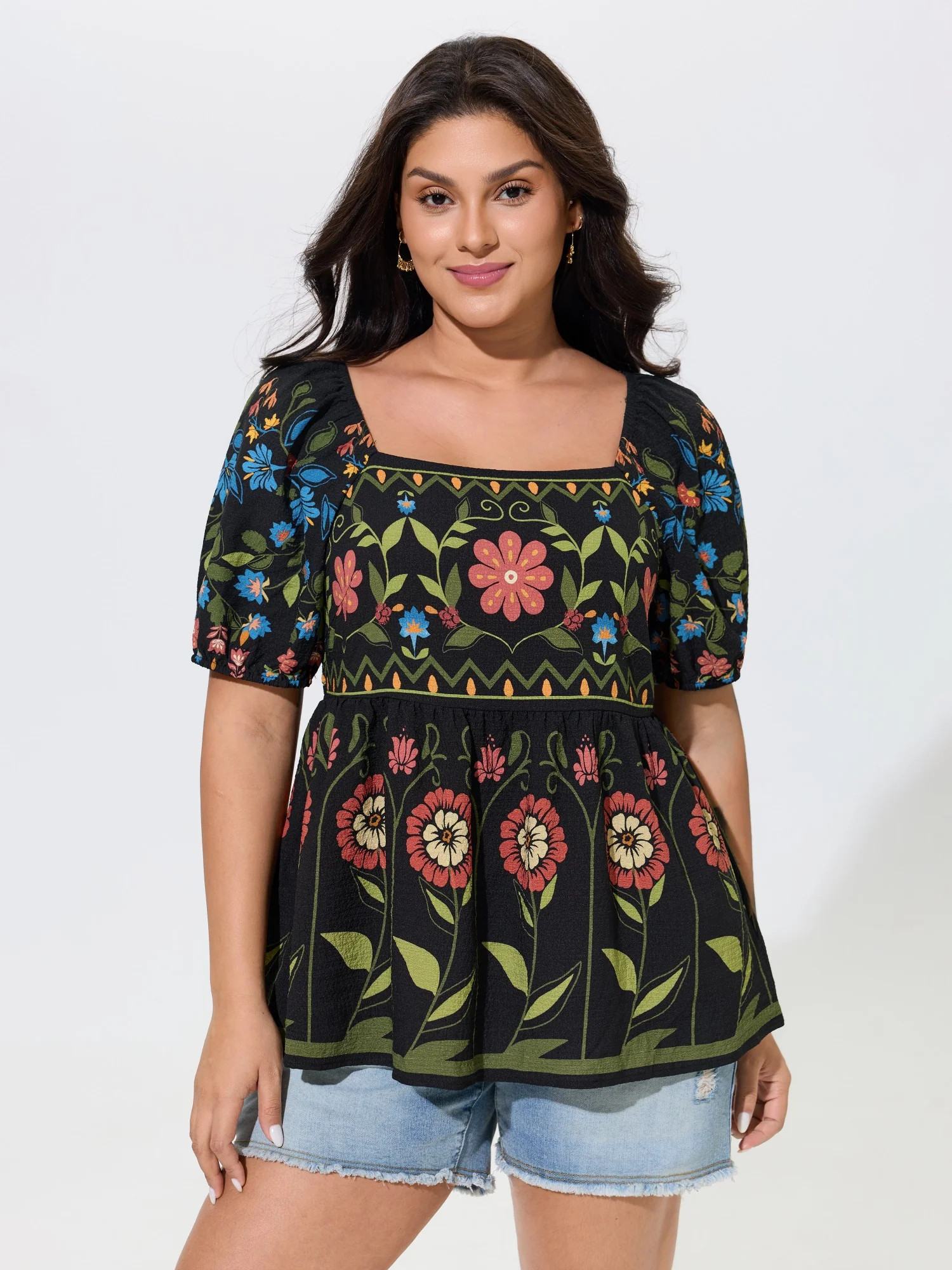 Boho Floral Square Neck Peplum Blouse | Bloomchic