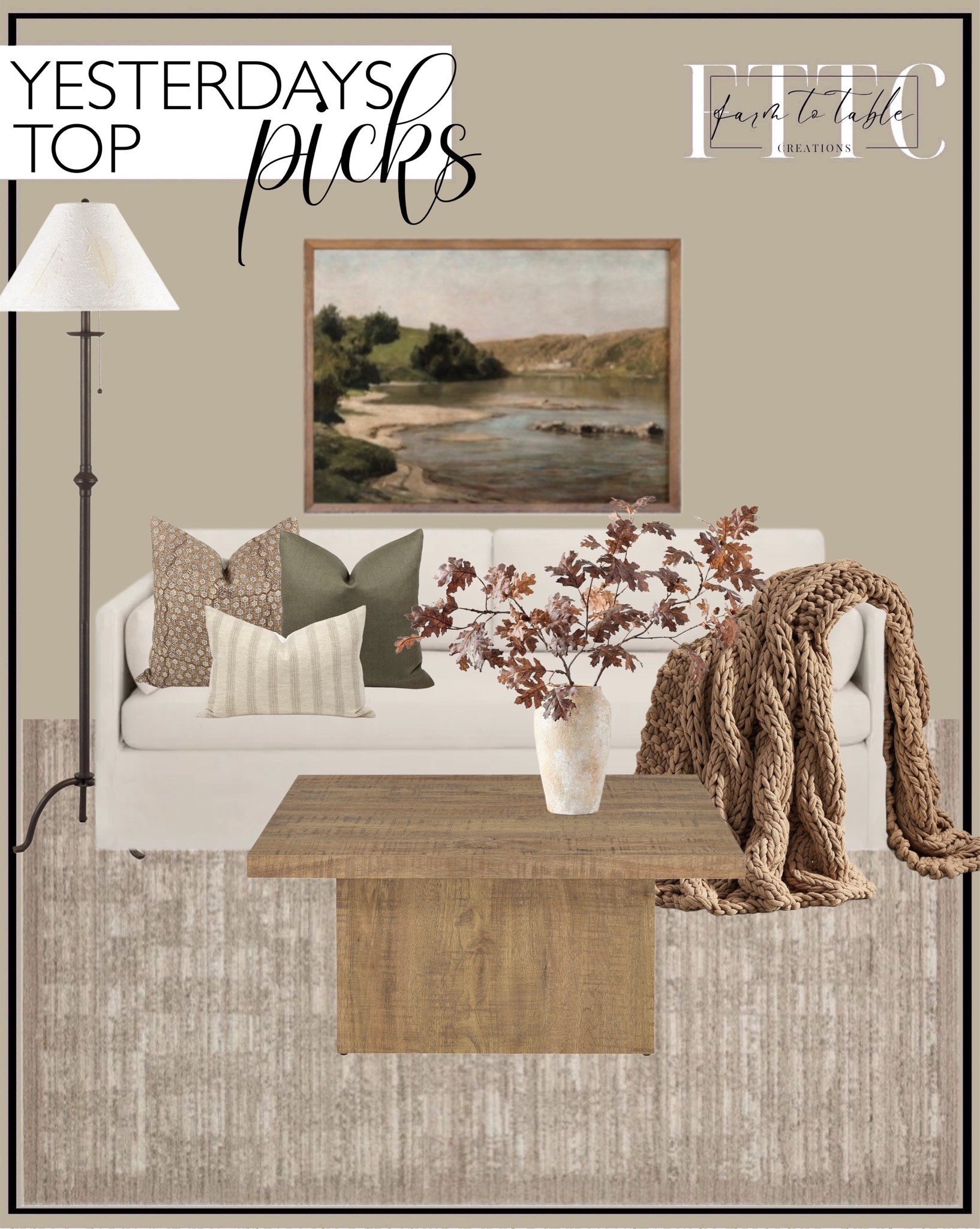 Yesterday’s Top Picks. Follow @farmtotablecreations on Instagram for more inspirational.

Country Landscape Print Set. Loloi Performance Sand Area Rug.  Better Homes & Gardens Waylen Slipcover Sofa, Cream, by Dave & Jenny Marrs. PILLOW COMBO | Warm Neutrals, Camel Floral Pillow, Green Pillow, Cream Stripe Pillow, Pillow Combination, Sofa Pillow Set, Fall Pillow Combo. Peasely Upholstered Pouf. Coaster Home Furnishings Zetta Square Cocktail Living Room Coffee Table. Cal Lighting BO-903FL Iron Floor Lamp with Pull Chain, Matte Black. Faux Oak Branch With Acorns. Colossal Handknit Throw  

Skinny Bench | Bedroom | Living Room | Breakfast Nook | Amazon Home | Target Sale | Loloi Rugs | Magnolia Home | console table | console table styling | faux stems | entryway space | home decor finds | neutral decor | entryway decor | cozy home | affordable decor |  | home decor | home inspiration | spring stems | spring console | spring vignette | spring decor | spring decorations | console styling | entryway rug | cozy moody home | moody decor | neutral home 

#LTKFindsUnder50 #LTKHome #LTKSaleAlert