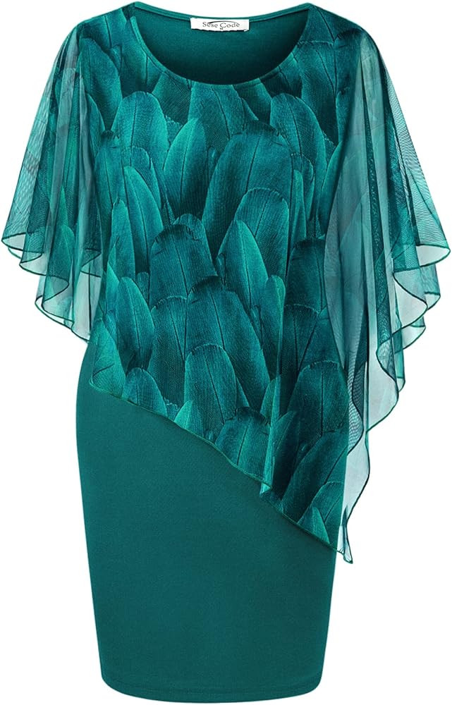 SeSe Code Women's Mesh Cape Overlay Bodycon Knee Length Pencil Dress for Wedding Guest | Amazon (US)