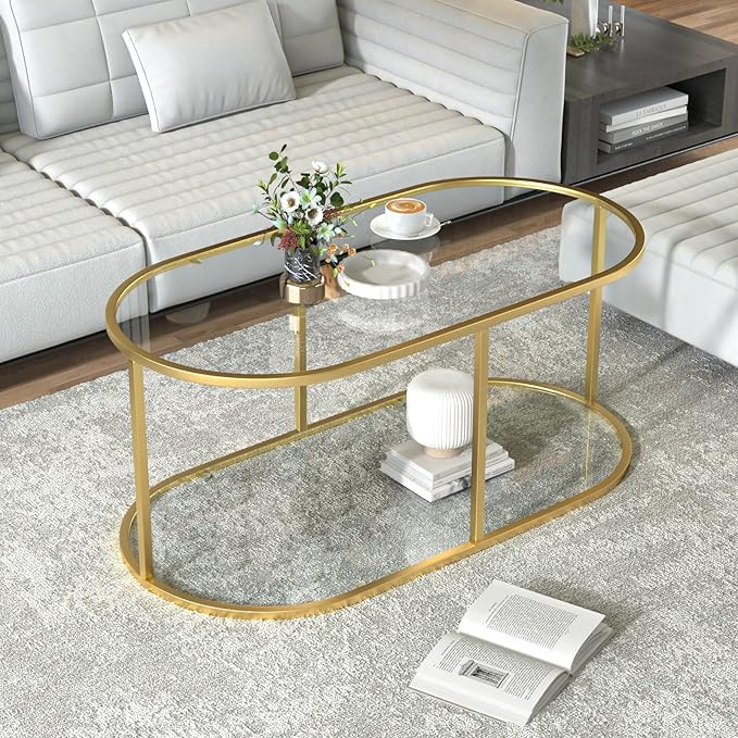 Coffee Table Gold Glass Coffee Table for Living Room,2 Tiers Oval Center Table with Sturdy Metal ... | Amazon (US)