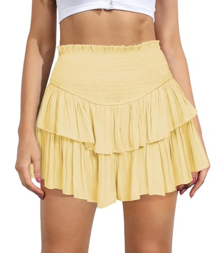 MIYIEONZ Women's Cute High Waist Ruffle Mini Skirt Layered Ruffle Hem Flared Flowy Casual Swing Beach Mini Short Skirt Light Yellow | Amazon (US)