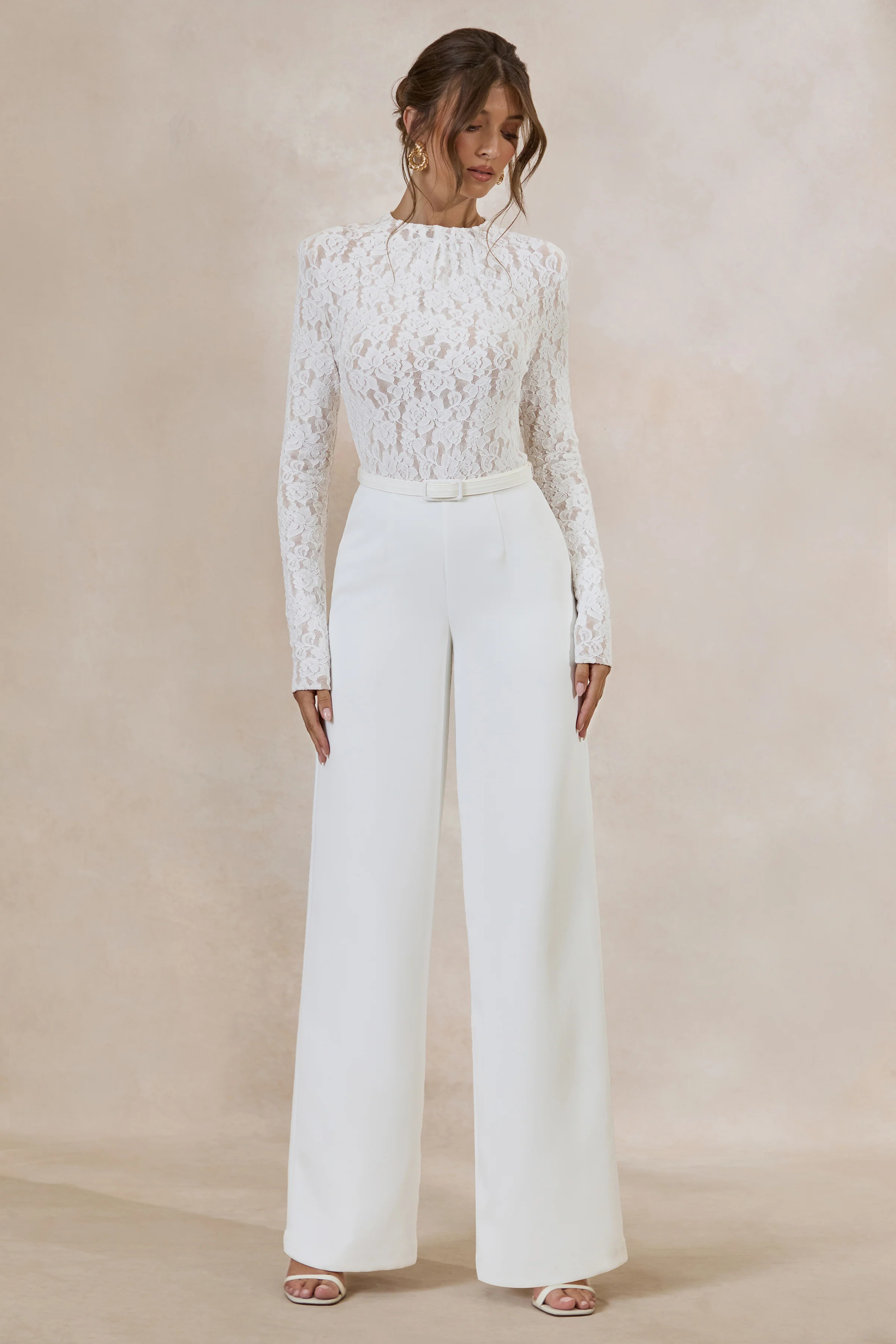 Romancea | White Lace High-Neck Jumpsuit With Belt Detail | Club L London