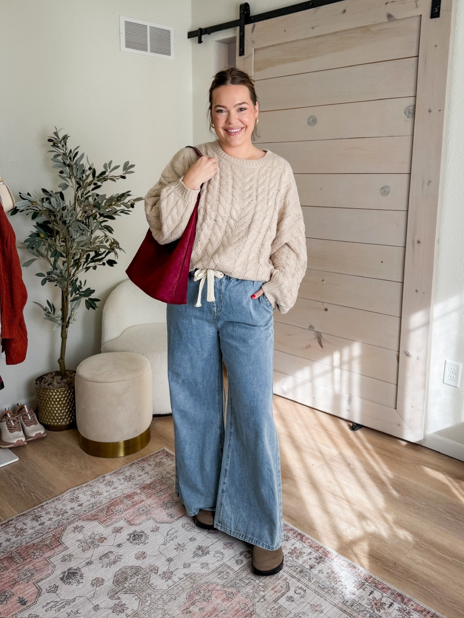 Casual fall look // neutral look with pop of color in the handbag // drawstring wide leg jeans and cable knit sweater // neutral fall outfit / casual mom outfit / casual thanksgiving outfit - wearing my Harper Wilde bralette and thong underneath - size large in both - use code KELSIE15 for 15% off 

#LTKStyleTip #LTKootd #LTKMidsize