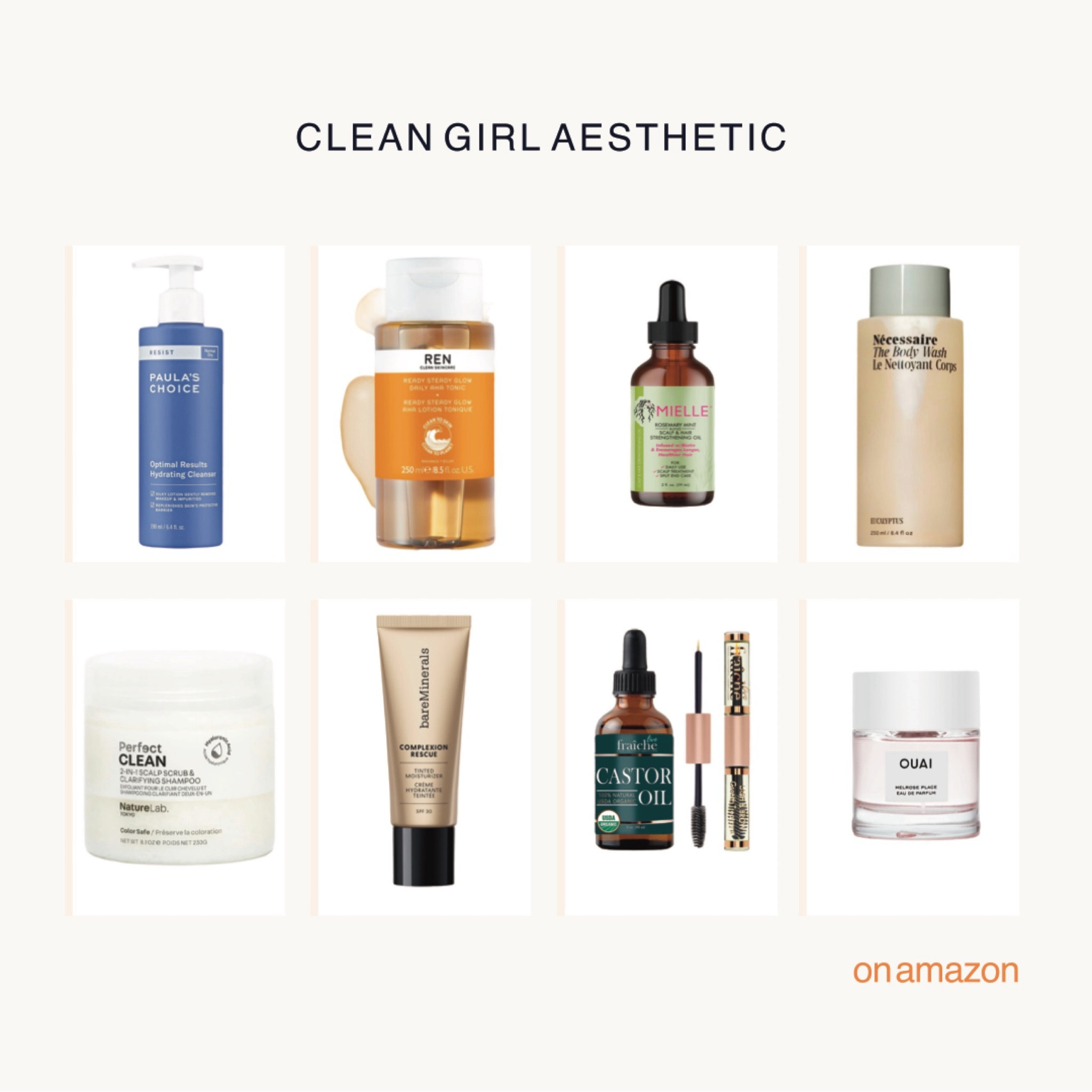 SKIN: paula’s choice cleanser, REN tonic water (super glowy), bare minerals tinted moisturizer 
HAIR: perfect scalp scrub (great detox shampoo), rosemary oil for hair growth, castor oil for eyebrow hair and eyelash growth 
Body: Necessaire Body wash smells like a spa, Oaui perfume smells like clean girl aesthetic 

#LTKfindsunder50 #LTKbeauty