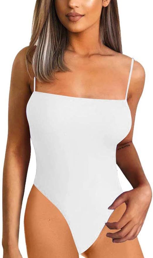 BEAGIMEG Women's Spaghetti Strap Bodysuits Tops Back Adjustable Solid Basic Leotard | Amazon (US)
