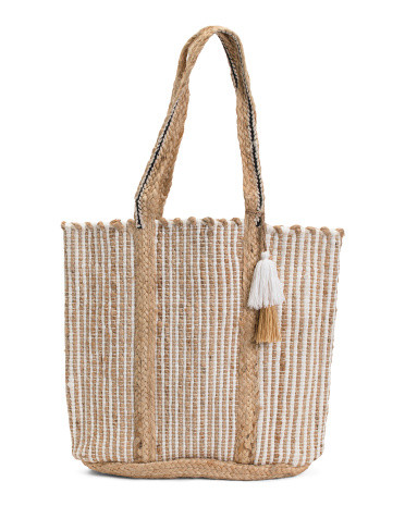 Cotton And Jute Tote With Tassel | TJ Maxx