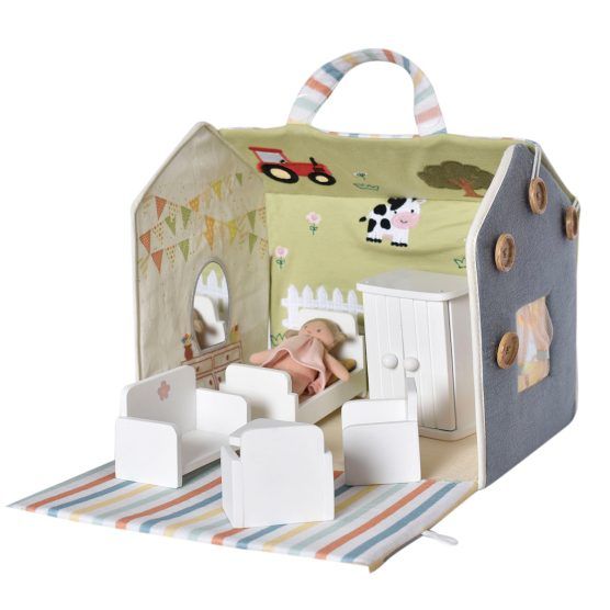Tikiri Toys Portable Hand Sewn Doll House with Wooden Furniture | The Tot