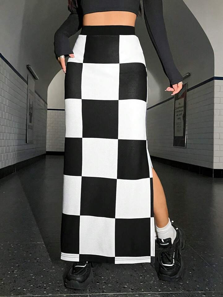 SHEIN Coolane Checker Print Split Thigh Skirt | SHEIN