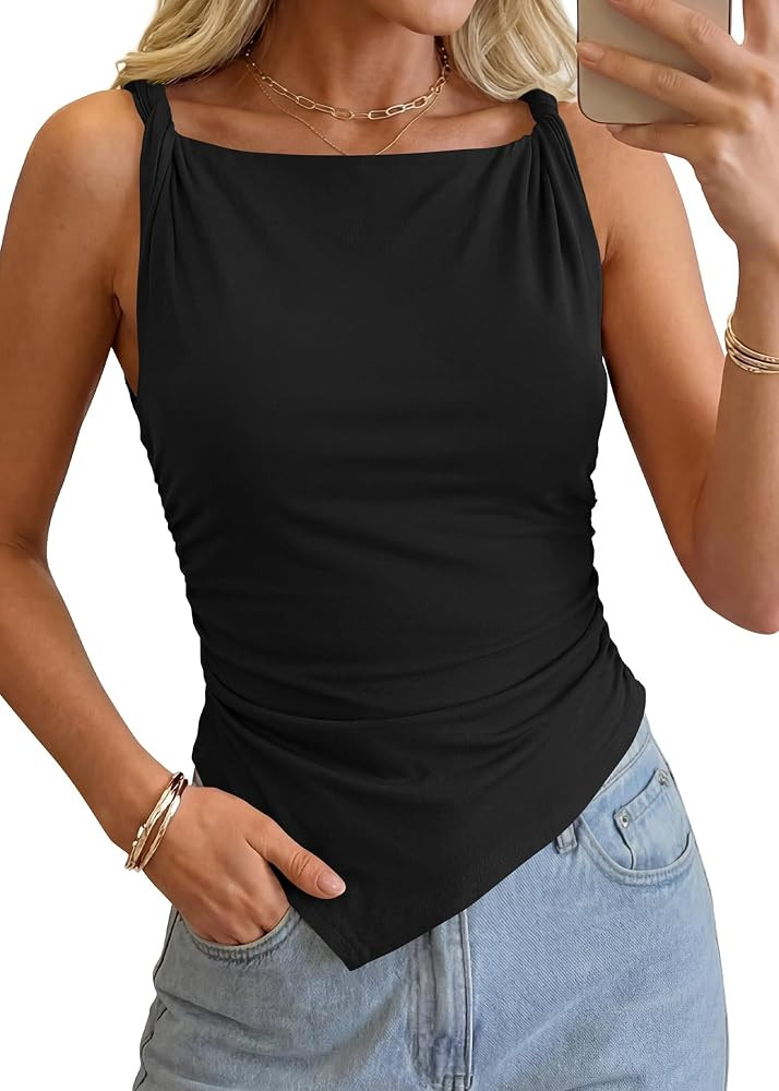 KIRUNDO Asymmetrical Tops for Women Summer Sleeveless Twist Straps Slim Fit Y2K Ruched Tank Shirt... | Amazon (US)