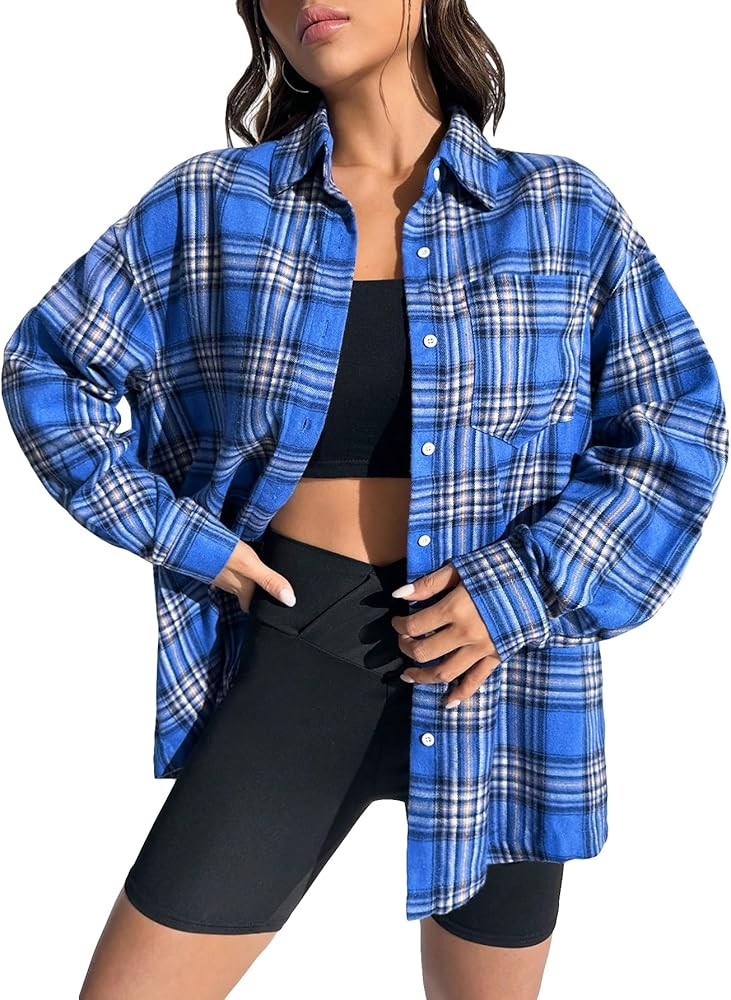 Floerns Women's Casual Long Sleeve Button Down Plaid Shirt Blouse Top | Amazon (US)