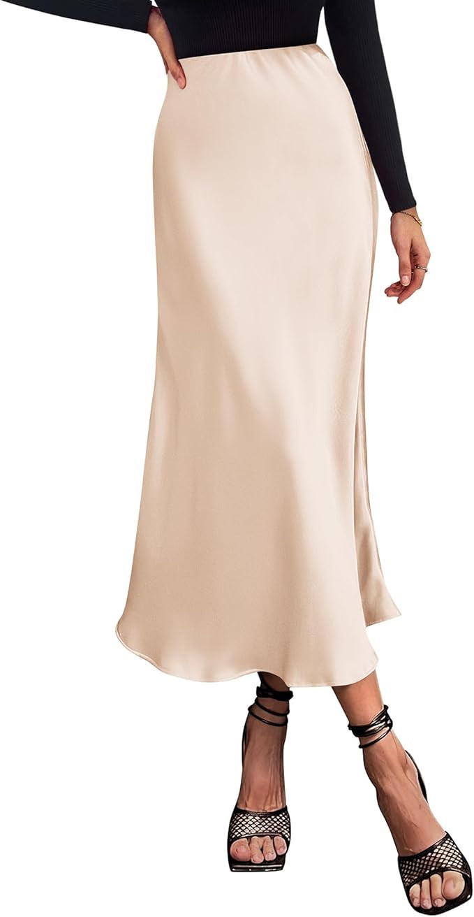 BTFBM 2025 Women Long Satin Summer Fall Skirt Silk Elegant High Waist Cocktail Party Wedding Flar... | Amazon (US)