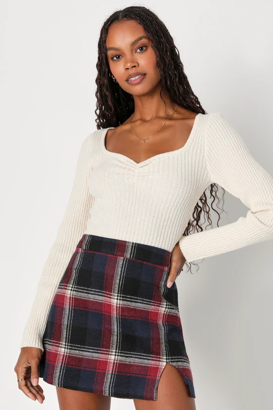 Mad For Plaid Navy Blue High-Rise Plaid Mini Skirt Plaid Skirt Outfit Red Skirt Navy Blue Skirt Fall | Lulus (US)
