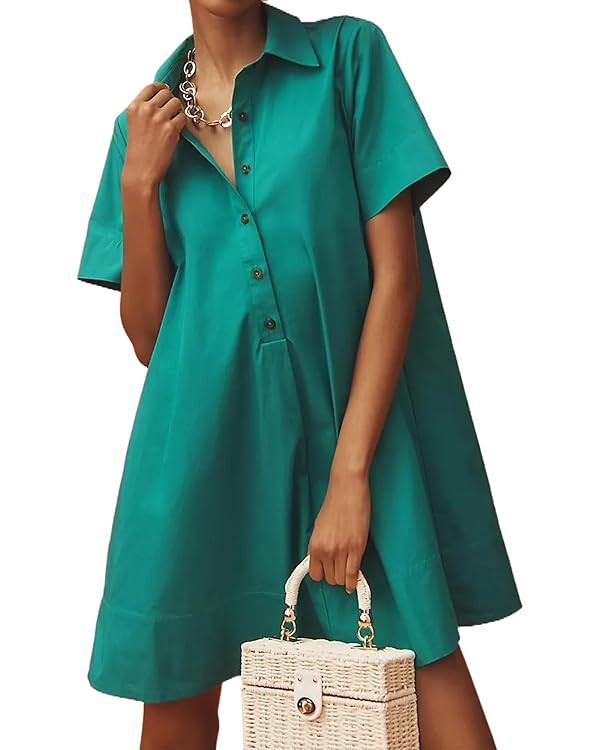 Short Sleeve Swing Tunic Mini Dress for Women Button Up Shirt Blouse Short Dress Summer Casual Fl... | Amazon (US)
