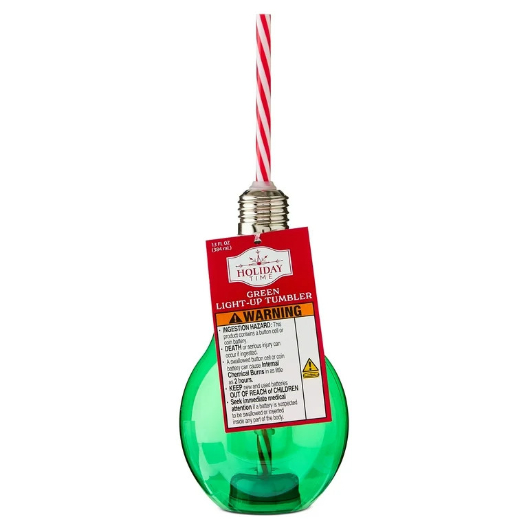 Plastic Light-Up Bulb-Shaped Christmas Tumbler with Straw, Green, 13 fl oz, by Holiday Time | Walmart (US)