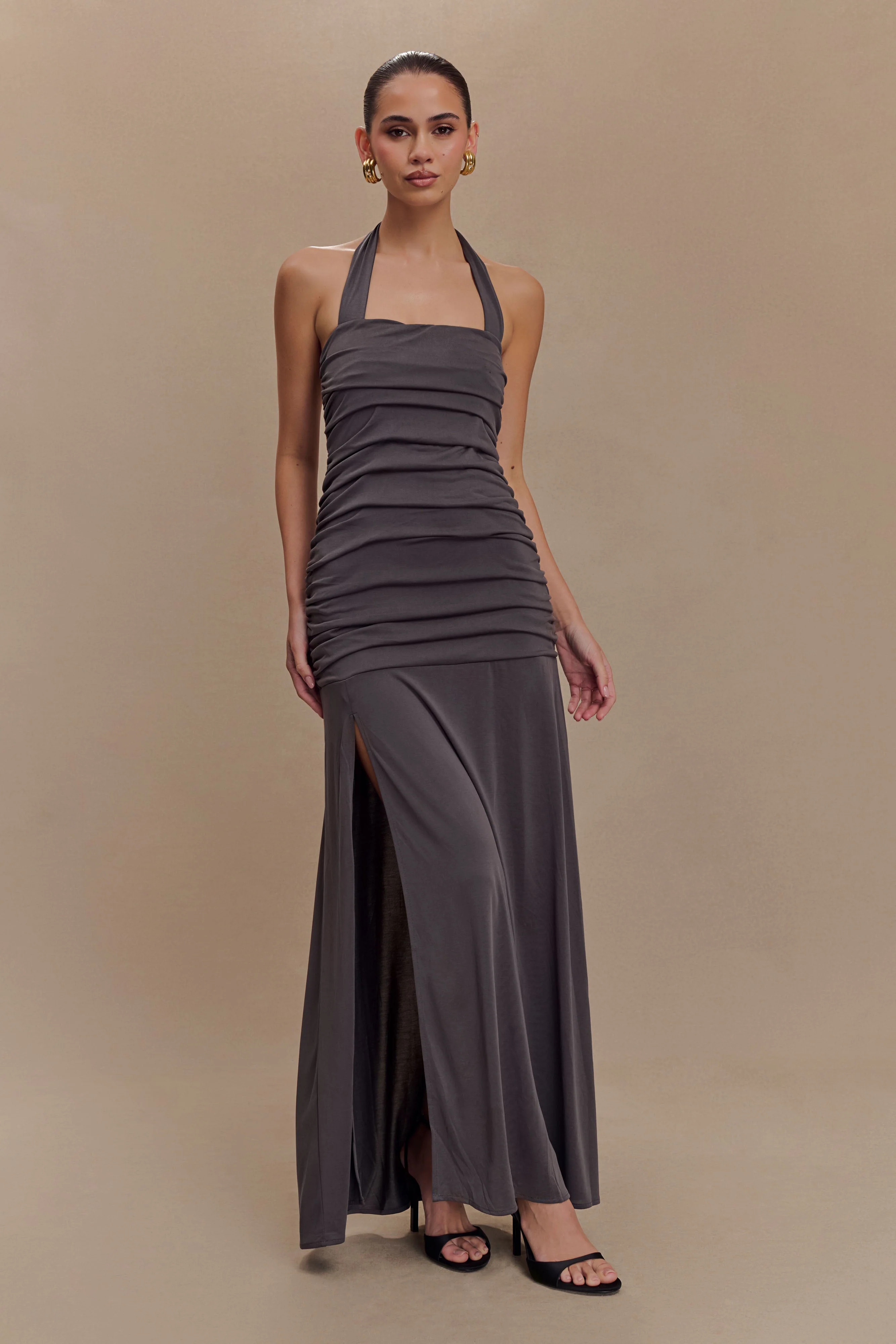 Peached Jersey Halter Maxi Dress - Charcoal | MESHKI US