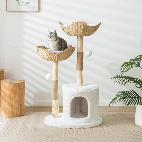 Modern Cat Tree for Indoor Cats Large Adult, 46.5" Tall Wooden Cat Tower for Large Cats with Scratching Post, Luxury Cat Condo, White | Amazon (US)