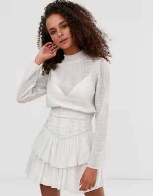 ASOS DESIGN high neck shirred waist mini dress in texture in ivory | ASOS US