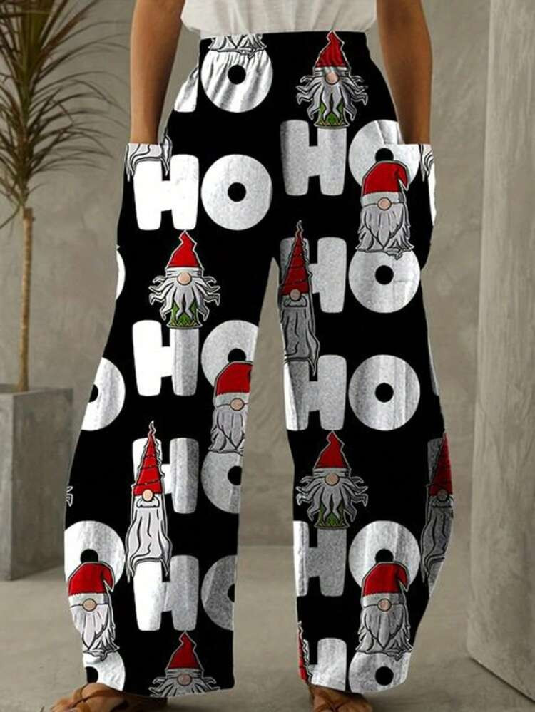 Plus Size Knitted Fabric Wide Leg Pants With Pockets Long Trousers, Funny Christmas Gnome And Ho ... | SHEIN