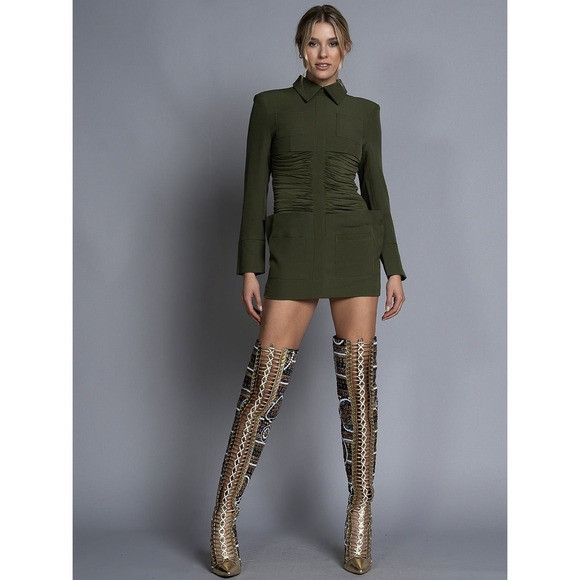 ZCRAVE Guggen Mini Dress Army Green Ruched Fitted Collared Long Sleeve Medium M | Poshmark