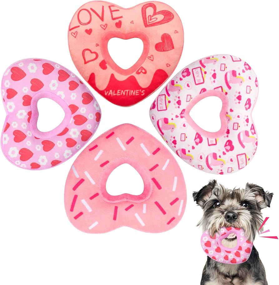 4 Pack Valenine's Day Dog Toys, Heart Shaped Donut Dog Squeaky Toys, Valentine's Day Dog Plush Gi... | Amazon (US)