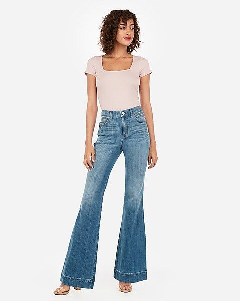 high waisted light wash bell flare jeans | Express