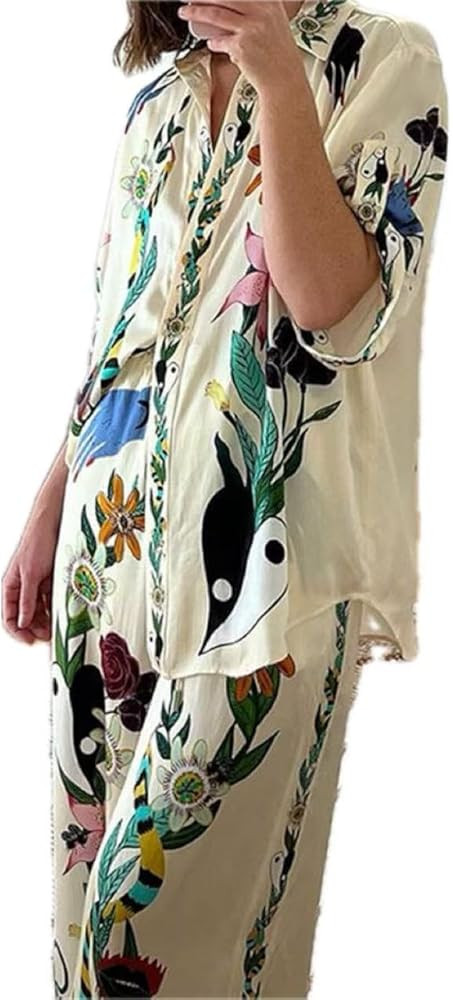 Women's Printed Shirt and Trousers Set, Casual Loose Fashion Two-Piece Suit with Wide-Leg Pants | Amazon (US)