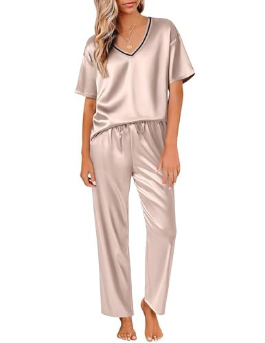 Ekouaer Satin Pajama Set for Women Short Sleeve Silky Pjs 2 Piece Lounge Sets Soft Comfy Sleepwear Loungewear Champagne L | Amazon (US)