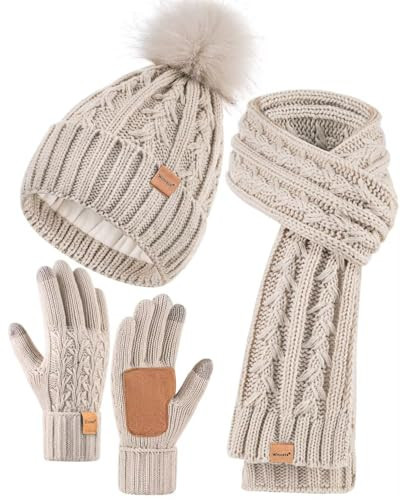 Womens Beanie Hat Scarf Gloves Set, Soft Fleece Lined Winter Hat with Pom Pom, Long Knit Scarf Neck Warmer Touchscreen Gloves for Cold Weather, 3 in 1 Warm Set Stocking Stuffers for Women(Oatmeal) | Amazon (US)