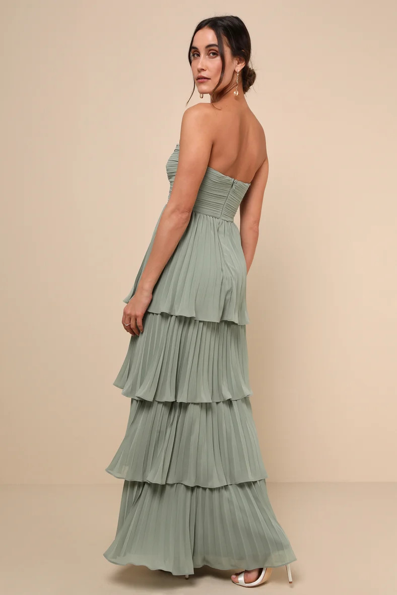 Seriously Sensational Sage Brush Strapless Tiered Maxi Dress | Lulus