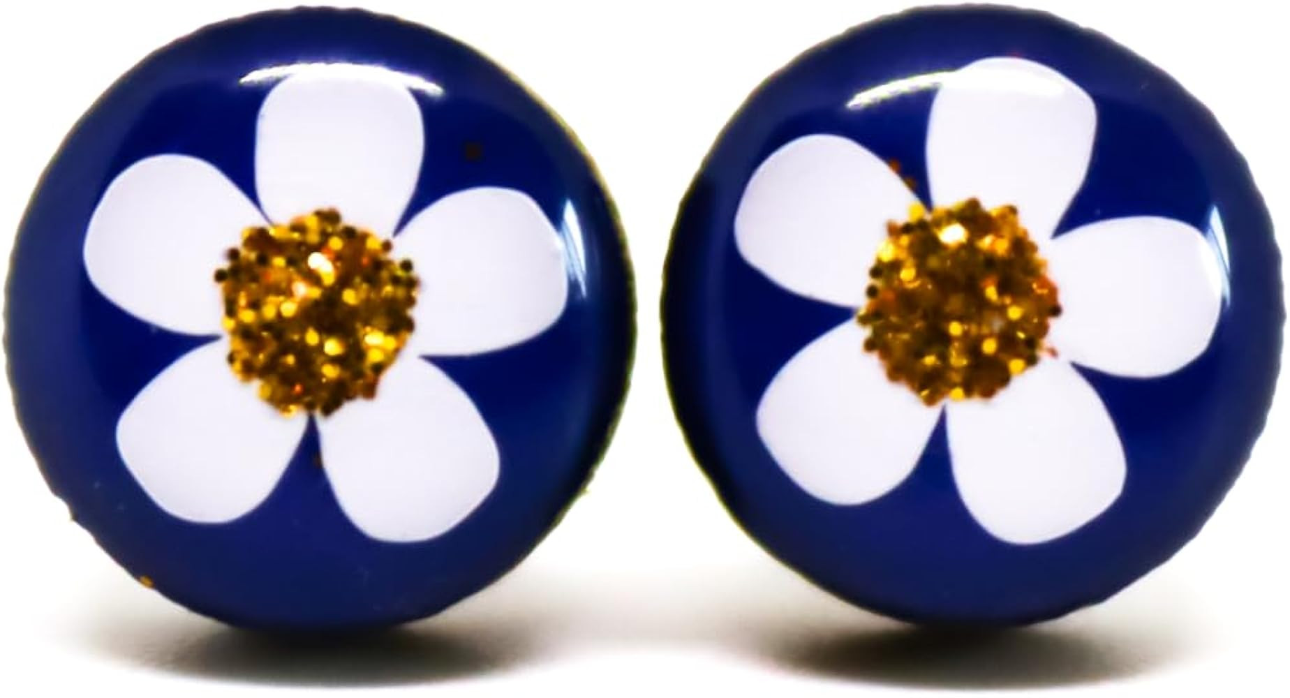 Stud Earrings, White Flower, Gold Sparkle, and Navy Blue 10 mm Round Studs for Women Men, Handmad... | Amazon (US)