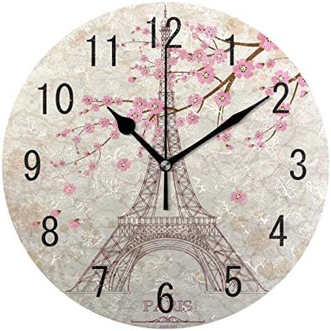 ALAZA Home Decor Paris Eiffel Tower Pink Cherry Blossom Round Acrylic 9.5 Inch Wall Clock Non Tic... | Amazon (US)