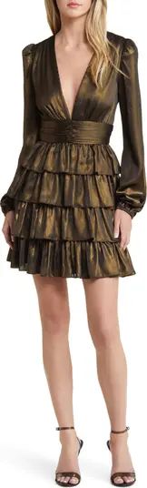 Charles Henry Plunge Neck Tiered Long Sleeve Minidress | Nordstrom | Nordstrom