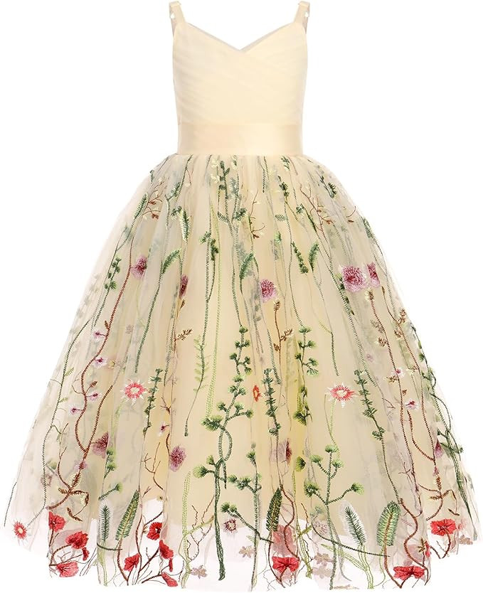 OBEEII Flower Girl Dress for Wedding Pleated V Neck Satin Tulle Princess Dress Junior Bridesmaids... | Amazon (US)