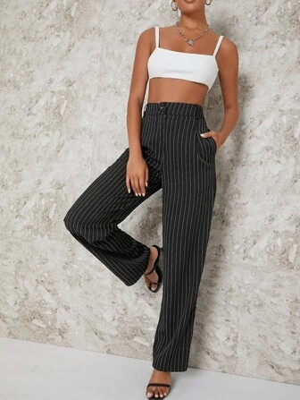 SHEIN Essnce Pinstriped High-Rise Straight Leg Pants | SHEIN