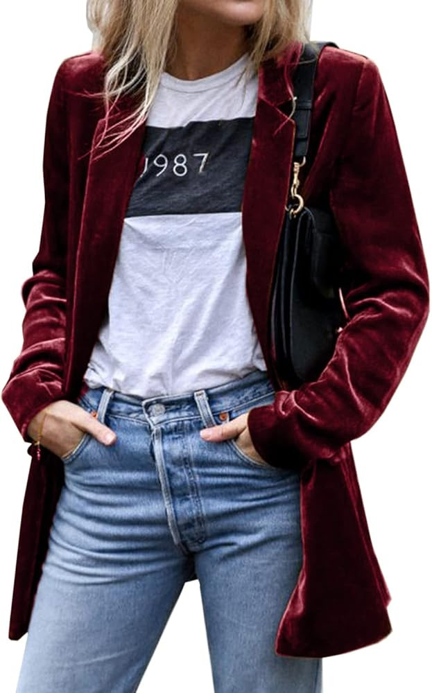 futurino Women's Solid Color Long Sleeve Velvet Jacket Open Front Casual Suit Cardigan Mid-Length... | Amazon (US)
