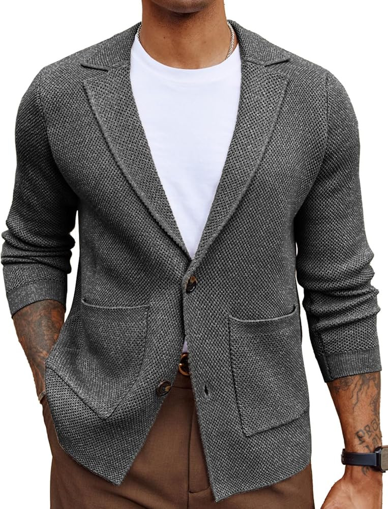 PJ PAUL JONES Mens Notch Collar Cardigan Sweaters Knit Textured Sweater Button Down Blazer with P... | Amazon (US)