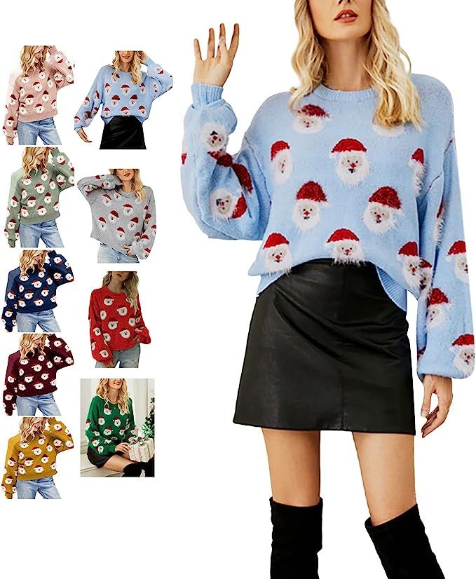 iLH Christmas Sweater for Women Cute Merry Xmas Santa Claus Holiday Cozy Knit Pullover Crewneck S... | Amazon (US)